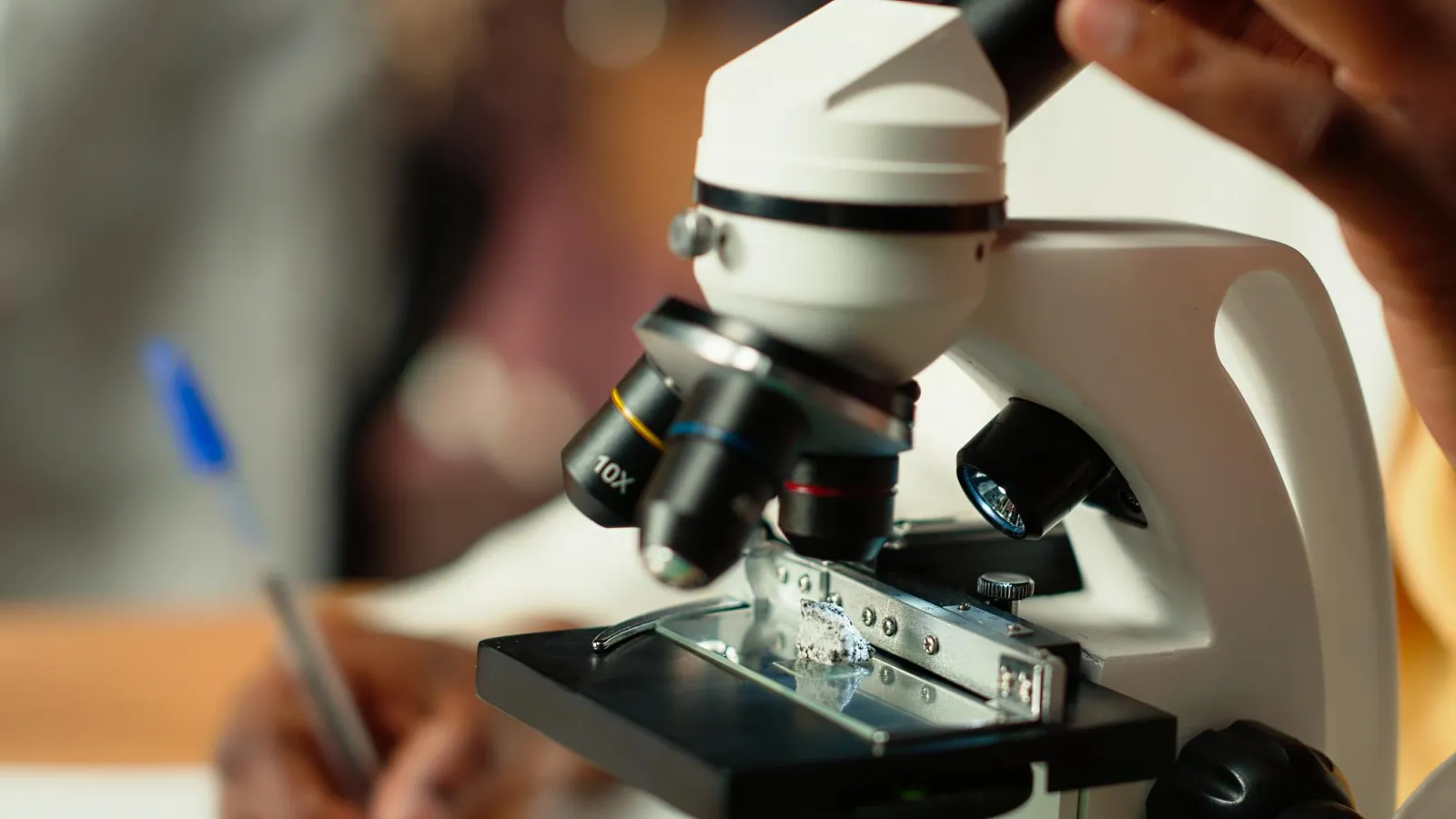 Mikroskop mit Präparat auf dem Objekttisch im naturwissenschaftlichen Labor