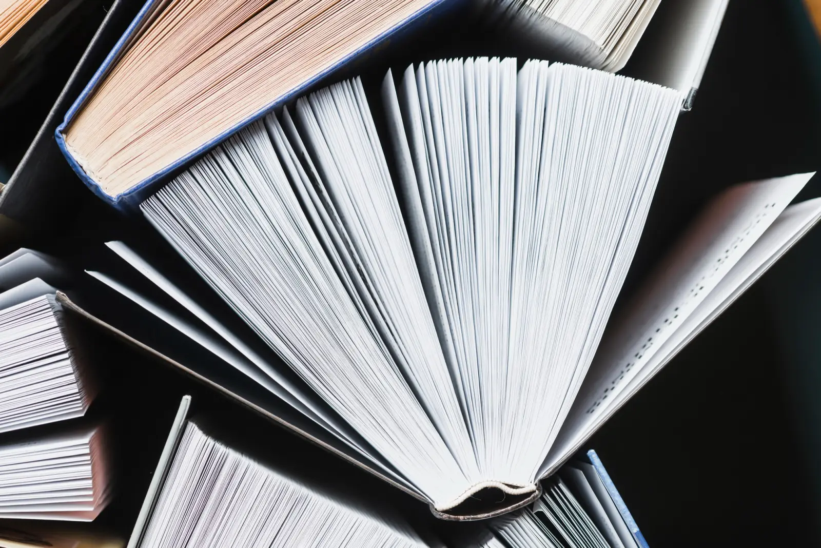 Aufgefächerte Seiten mehrerer geöffneter Bücher von oben fotografiert