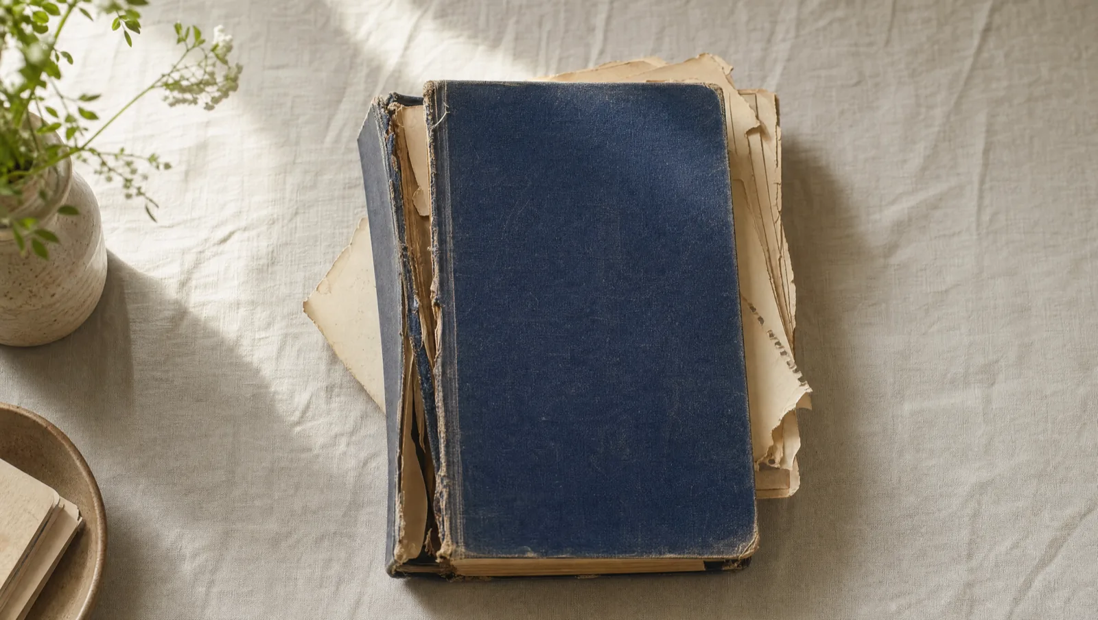 Stark beschädigtes Buch mit aufgeplatztem Buchrücken, herausragenden losen Seiten und ausgefransten Kanten