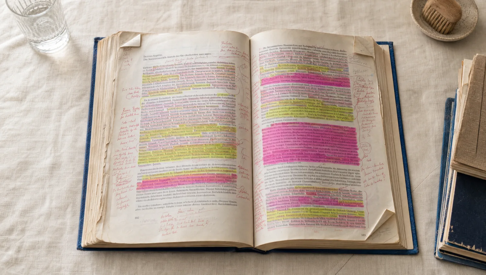 Aufgeschlagenes Buch mit flächendeckenden Textmarkierungen in Pink und Gelb sowie zahlreichen handschriftlichen Notizen am Rand