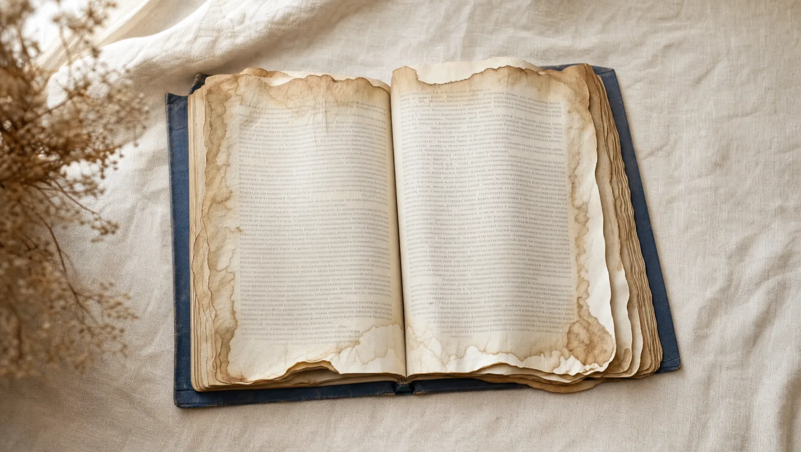 Aufgeschlagenes Buch mit deutlichem Wasserschaden — stark gewellte, braun verfärbte Seiten und sichtbare Wasserränder bis weit ins Innere