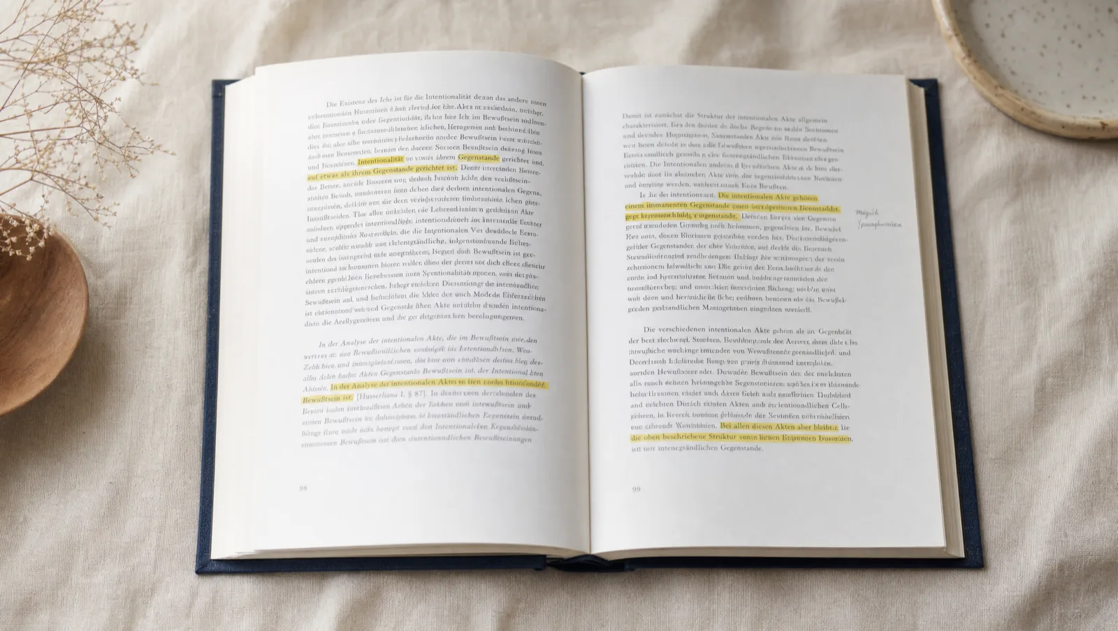 Aufgeschlagenes Studienbuch mit wenigen gelben Textmarker-Markierungen auf den ansonsten sauberen Seiten